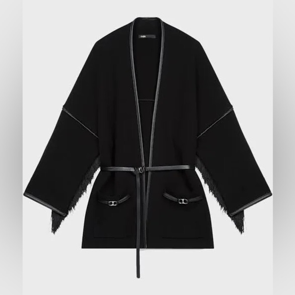🌸 NWT $455 MAJE Matthieu black fringe jacket belted equestrian southwestern M